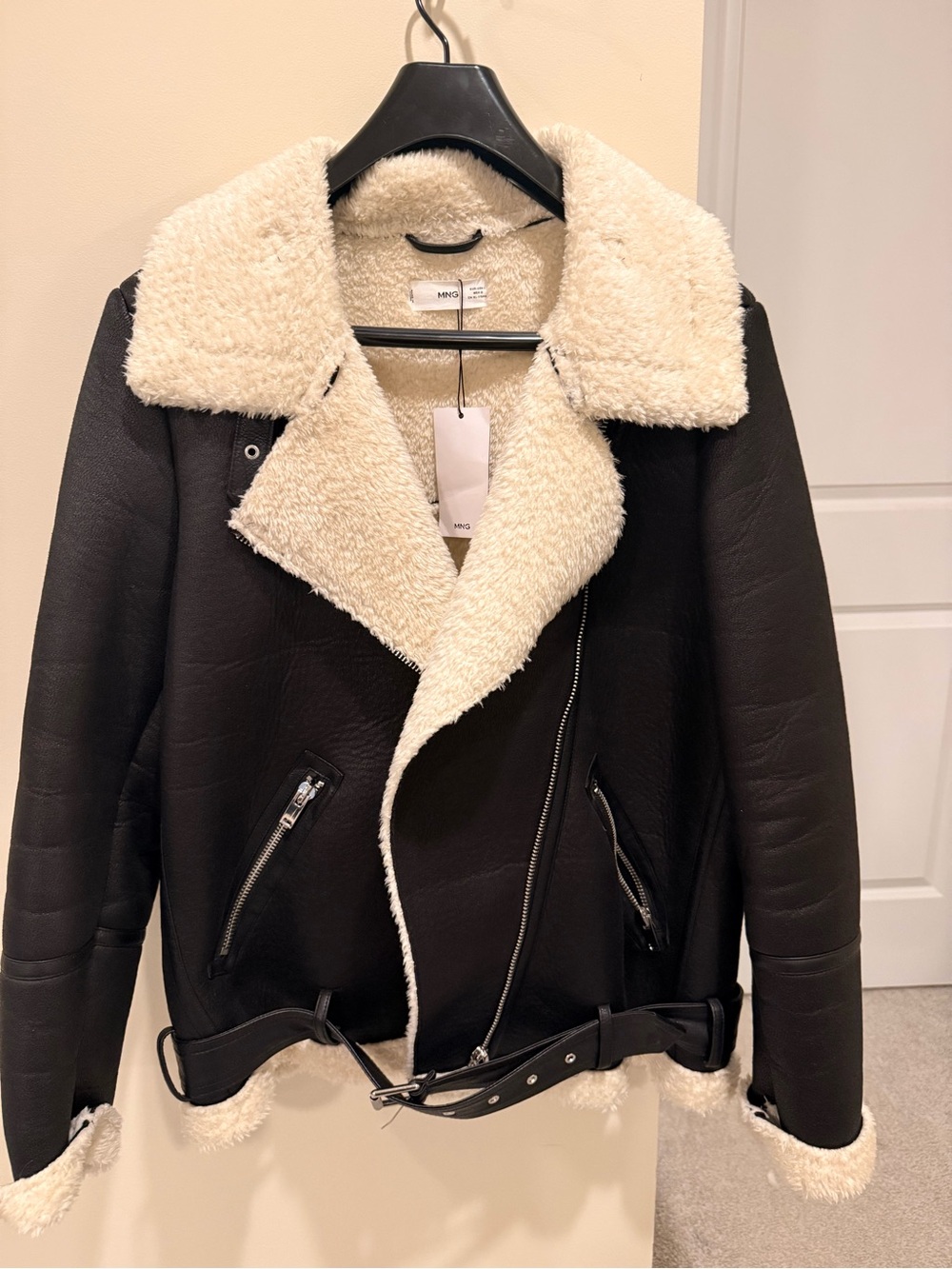 Mango Black Aviator Jacket with Cream Shearling Trim